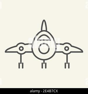 Icône de ligne mince vue de face de jet fighter. Illustration vecteur avion isolée sur blanc. Design de style contour de transport aérien, conçu pour le Web et l'application Illustration de Vecteur