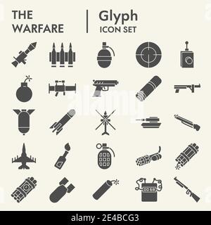 Jeu d'icônes de glyphes de guerre, collection de symboles d'armes, croquis vectoriels, illustrations de logos, symboles de signes d'armes paquet de pictogrammes solides isolé sur blanc Illustration de Vecteur