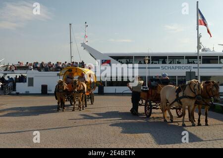 Ferry Schaprode dans le port de Vinte, Vte, île de Hiddensee, Mer Baltique, Mecklenburg-Poméranie occidentale, Parc National Vorpommersche Boddenlandschaft, Allemagne, Banque D'Images