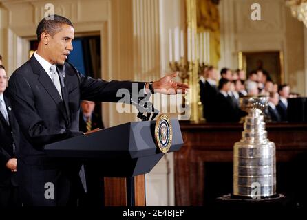 Le président Barack Obama souhaite la bienvenue aux Penguins de Pittsburgh pour leur victoire du championnat de la coupe Stanley 2009 le 10 septembre 2009 à Washington, DC, USA le 10 septembre 2009. Photo par Olivier Douliery /ABACAPRESS.COM Banque D'Images