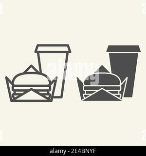 Ligne de fast food et icône de glyphe. Illustration vectorielle de hamburger et de boisson isolée sur blanc. Design de style contour de hamburger et de boisson, conçu pour le Web et Illustration de Vecteur