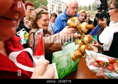 Pour contre-entendre les prix d'achats de leurs producteurs fixes par la grande distribution et inferieurs séson eux au prix de production, les agriculteurs de la région Nord pas-de-Calais ont improvisé un marché devant la préfecture et vendent leurs légions Banque D'Images