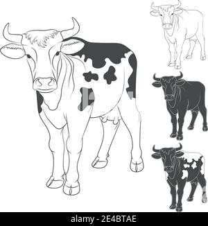 Jeu d'illustrations en noir et blanc avec une vache. Objets vectoriels isolés sur fond blanc. Illustration de Vecteur