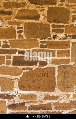 Détail du mur des graffitis, site historique national de fort Larned, Larned, comté de Pawnee, Kansas, États-Unis Banque D'Images