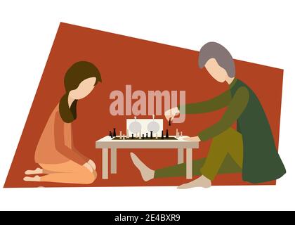 Père et fille jouent aux échecs tout en passant du temps ensemble à la maison. Vie domestique. Illustration vectorielle isolée Illustration de Vecteur