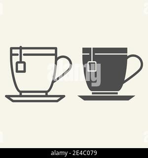 Ligne de thé et icône pleine. Tasse à thé avec symbole teabag, pictogramme de style contour sur fond beige. Affiche « boisson chaude dans la tasse » pour le concept mobile et le Web Illustration de Vecteur