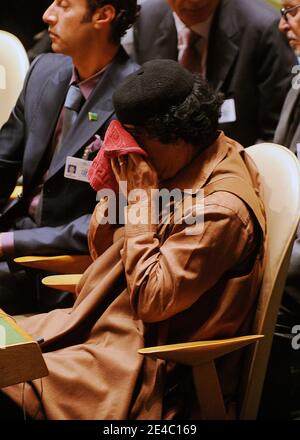 Le leader lybien, Moammar Gadhafi, assiste à la 64e Assemblée générale des Nations Unies à New York, NY, USA, le 23 septembre 2009. Photo par Olivier Douliery/ABACAPRESS.COM (en photo : Mouammar Kadhafi ) Banque D'Images