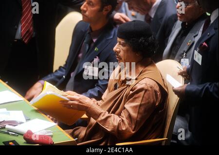 Le dirigeant lybien Moamer Kadhafi assiste à la 64e Assemblée générale des Nations Unies à New York le 23 septembre 2009. Photo de Olivier Douliery /ABACAPRESS.COM (en photo : Moamer Kadhafi ) Banque D'Images