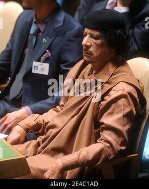 Le dirigeant lybien Moamer Kadhafi assiste à la 64e Assemblée générale des Nations Unies à New York le 23 septembre 2009. Photo par Olivier Douliery /ABACAPRESS.COM Banque D'Images