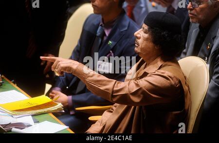 Le dirigeant lybien Moamer Kadhafi assiste à la 64e Assemblée générale des Nations Unies à New York le 23 septembre 2009. Photo de Olivier Douliery /ABACAPRESS.COM (en photo : Moamer Kadhafi ) Banque D'Images