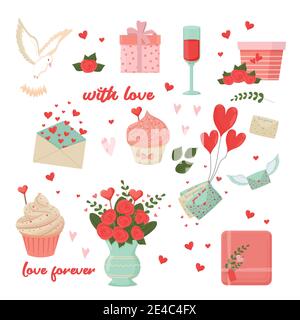 Saint-Valentin, romantique date ou amour ensemble dans le style plat. Lettres avec coeurs, cadeaux mignons, colombe, gâteau sucré isolé sur fond blanc. Design elem Illustration de Vecteur