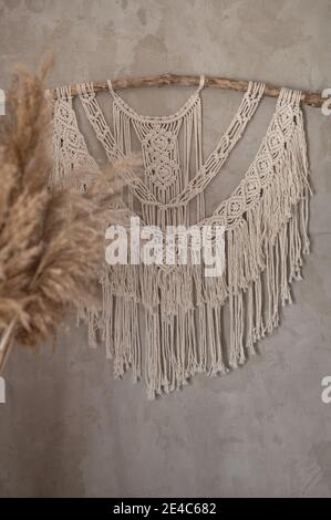 bouquet de plante de roseau sur le fond d'un gris mur en béton avec macrame fait à la main Banque D'Images