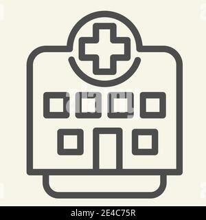 Icône de la ligne clinique. Pictogramme de style contour de bâtiment hospitalier sur fond blanc. Institution médicale avec croix sur le dessus pour le concept mobile et le Web Illustration de Vecteur