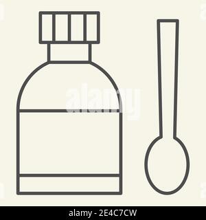 Icône de ligne mince de sirop médical. Flacon à médicaments et cuillère de mesure, pictogramme de style contour sur fond blanc. Toux mélange pour mobile concept et Illustration de Vecteur