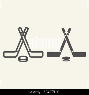 Les bâtons de hockey sont alignés et l'icône est pleine. Signes de sport d'hiver contour style pictogramme sur fond beige. Bâtons de hockey croisés et palet pour le concept mobile Illustration de Vecteur