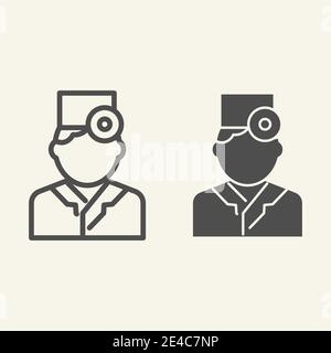 Ligne d'ophtalmologiste ou de thérapeute et icône pleine. Médecin avec un pictogramme de style contour de miroir de tête sur fond blanc. Vision santé pour Illustration de Vecteur