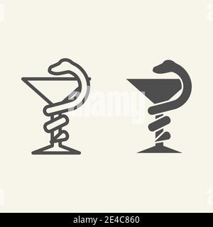 Serpent et ligne de verre et icône pleine. Symbole médical serpent avec un pictogramme de style contour de tasse sur fond blanc. Panneaux de pharmacie et de médecine pour mobile Illustration de Vecteur