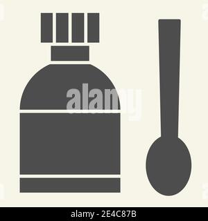 Icône solide sirop médical. Flacon à médicaments et cuillère de mesure, pictogramme de style glyphe sur fond blanc. Toux mélange pour le concept mobile et le Web Illustration de Vecteur