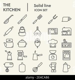 Ensemble d'icônes de cuisine, collection de jeux de symboles de cuisine ou croquis vectoriels. Plaques de cuisson et appareils électroménagers, le pictogramme linéaire Illustration de Vecteur