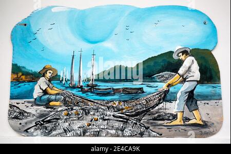 Le dur travail des pêcheurs, représentation sur une fresque, artiste inconnu, Grèce centrale Banque D'Images