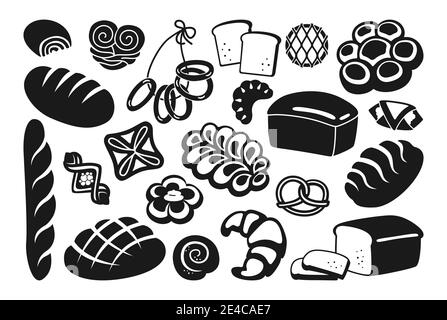 Jeu d'icônes de glyphe noir pain. Pain de seigle, de grain entier et de pain de blé, bretzel, muffin, croissant, baguette française. Produits de boulangerie, menu pâtisserie. Illustration vectorielle vintage Illustration de Vecteur