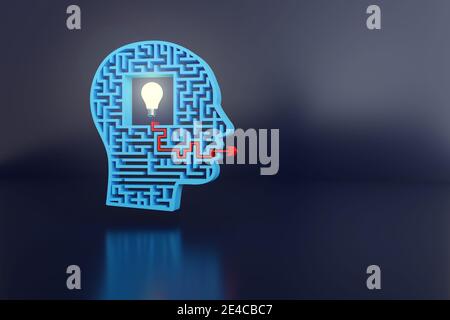 Labyrinthe en forme de tête avec une ampoule au centre et une flèche sortant de sa bouche. illustration 3d. Banque D'Images