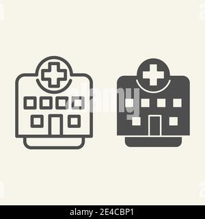 Ligne clinique et icône fixe. Pictogramme de style contour de bâtiment hospitalier sur fond blanc. Institution médicale avec croix sur le dessus pour le concept mobile Illustration de Vecteur