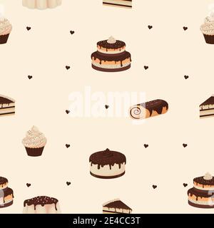 Motif sans couture avec gâteau de desserts dessinés, cupcake, chocolat sur fond clair. Design créatif, coloré et élégant. Illustration vectorielle Illustration de Vecteur