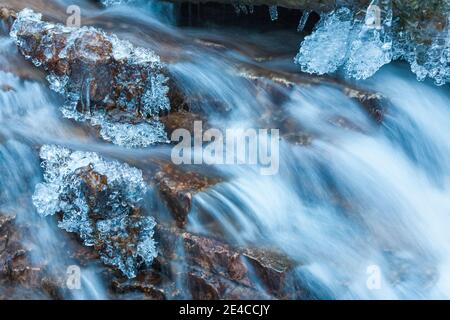 Italie, Vénétie, Belluno, Agordino, Dolomites, formations de glace sur la rive du fleuve en hiver Banque D'Images