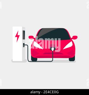 La voiture électrique moderne se charge sur un point de charge de véhicule électrique EV. Illustration de Vecteur