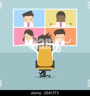 Homme d'affaires avec vidéo conférence réunion d'affaires. Réunions virtuelles en ligne, travail à domicile. Illustration de Vecteur