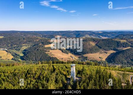 Allemagne, Bavière, Lauenstein, Thüringer Warte, tour d'observation, vue sur l'ancien RDA, montagnes, forêt, vue aérienne Banque D'Images