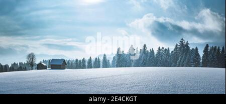 Paysage hivernal enneigé avec une cabane en bois solitaire Banque D'Images