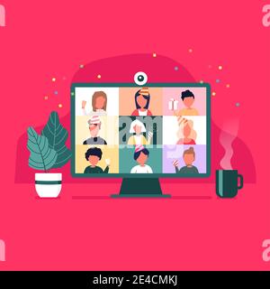 Faites la fête depuis votre domicile. Réunion de personnes en ligne vidéo conférence sur un ordinateur les vacances de Noël. Fête en ligne de Noël. Heureux amis célébrant la nouvelle année Illustration de Vecteur