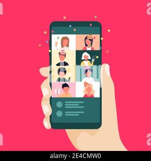 Fête en ligne de Noël et du nouvel an sur téléphone mobile. Faites la fête en ligne avec un appel vidéo. Illustration de Vecteur