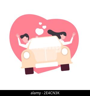 Couple aimant en voiture. Concept d'amour. Style de dessin animé. Illustration de Vecteur