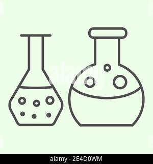 Icône de ligne mince de tubes à essai. Équipement de flacons de laboratoire avec pictogramme de type contour de liquide sur fond blanc. Chimie scolaire et panneaux d'éducation Illustration de Vecteur