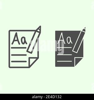Fichier scolaire, ligne crayon et icône pleine. Feuille de papier avec les premières lettres du style de contour d'apprentissage pictogramme sur fond blanc. Signes d'éducation pour Illustration de Vecteur