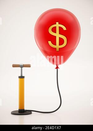 Pompe manuelle connectée au ballon rouge gonflé avec l'icône Dollar. Illustration 3D. Banque D'Images