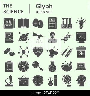 Science ensemble d'icônes solides, collection de jeux de symboles de recherche ou croquis vectoriels. Ensemble de panneaux de technologie pour le web d'ordinateur, le paquet de style de pictogramme de glyphe Illustration de Vecteur