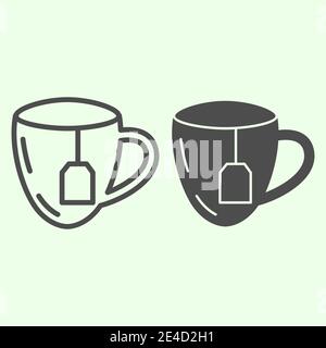 Ligne de pause déjeuner et icône pleine. Tasse de thé avec sachet de thé contour style pictogramme sur fond blanc. Déjeuner d'affaires pour le concept mobile et la conception de sites Web Illustration de Vecteur