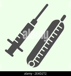 Icône de seringue pleine. Seringue médicale avec un pictogramme de type glyphe de vaccin et de thermomètre sur fond blanc. Panneaux de chimie et de médecine pour mobile Illustration de Vecteur