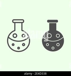 Ligne de réactif et icône pleine. Flacon de laboratoire de chimie avec pictogramme de type contour liquide sur fond blanc. La technologie scientifique signe le concept mobile Illustration de Vecteur