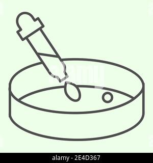 Icône de ligne mince d'expérience bactériologique. Analyse de la boîte de Pétri avec pictogramme de type contour de pipette sur fond blanc. Signes de biologie et de chimie Illustration de Vecteur