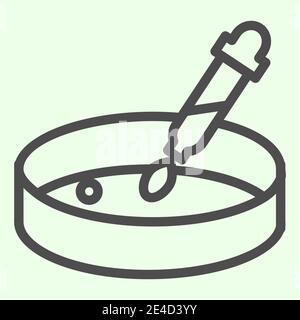 Icône de ligne d'expérience bactériologique. Analyse de la boîte de Pétri avec pictogramme de type contour de pipette sur fond blanc. Signes de biologie et de chimie pour Illustration de Vecteur