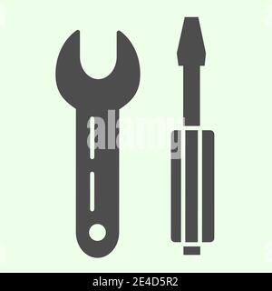 Icône en forme de clé et de tournevis. Une clé et un tournevis cruciforme sont des pictogrammes de style glyphe sur fond blanc. Panneaux de construction pour mobile Illustration de Vecteur