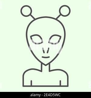 Icône de ligne mince Alien. Étranger extraterrestre avec visage ovale et grands yeux contour de style pictogramme sur fond blanc. Panneaux d'exploration pour Illustration de Vecteur