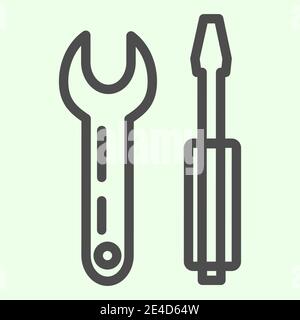 Icône de ligne de clé et de tournevis. Une clé et un tournevis cruciforme présentent un pictogramme de style contour sur fond blanc. Panneaux de construction pour mobile Illustration de Vecteur