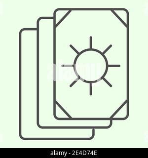 Icône de ligne fine de cartes Tarot. Pile de cartes Oracle avec pictogramme de style de contour d'image cercle solaire sur fond blanc. Occulte, outil magique de sorcellerie pour Illustration de Vecteur