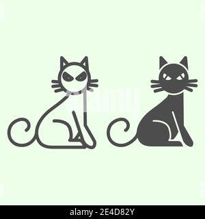 Ligne de chat de sorcière et icône pleine. Chat effrayant assis sur le côté et avec un pictogramme de style de contour sur fond blanc. Affiches Halloween ou sorcellerie pour Illustration de Vecteur